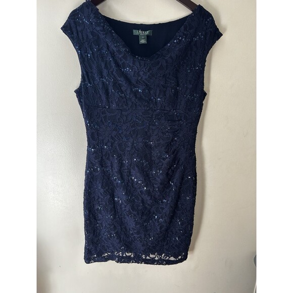 Lauren Ralph Lauren Dress Women's 14 Navy Lace Sequin Drape Neck Dark Romantic - Picture 1 of 8